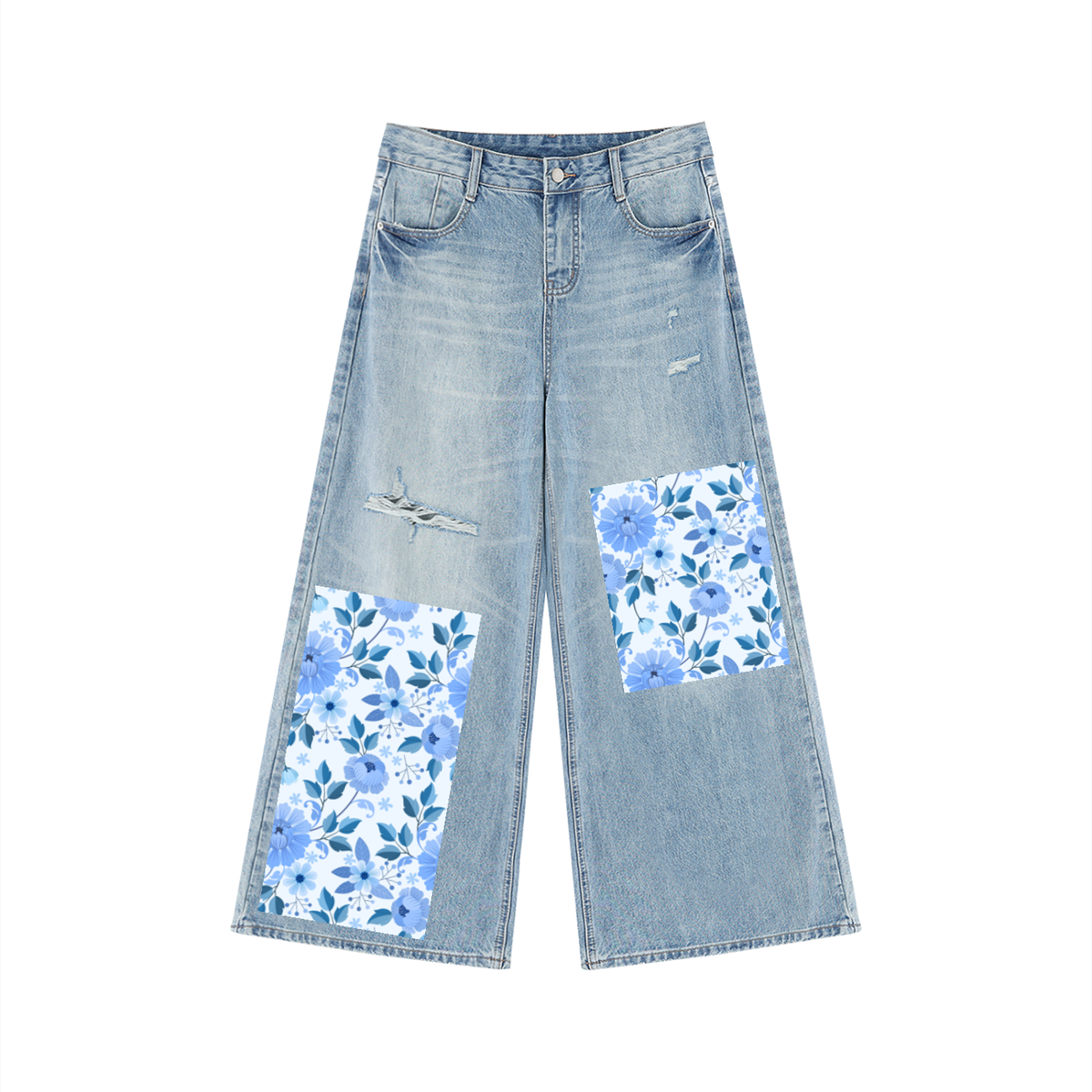 Floral Distressed Wide Leg Jeans