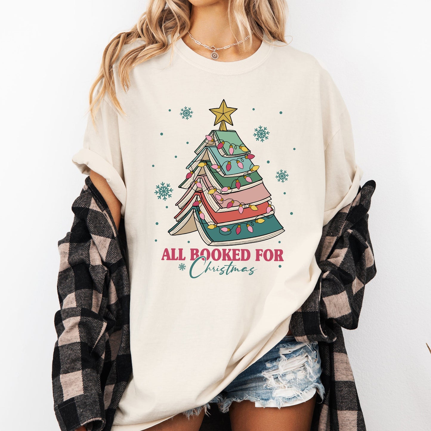 All Booked For Christmas Reading Teacher Winter Santa Xmas Holiday Edition Comfort Colors Tee
